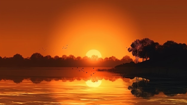 Ein Sonnenuntergang über einem See, um den ein paar Vögel fliegen.