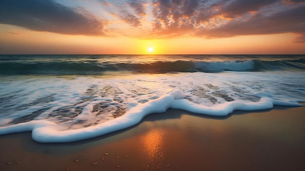 Ein Sonnenuntergang über einem Strand mit einem farbenfrohen Himmel und einem Sonnenuntergang über dem Meer.