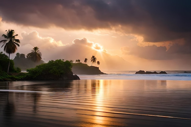 Ein Sonnenuntergang über einem Strand mit Palmen und einem bewölkten Himmel