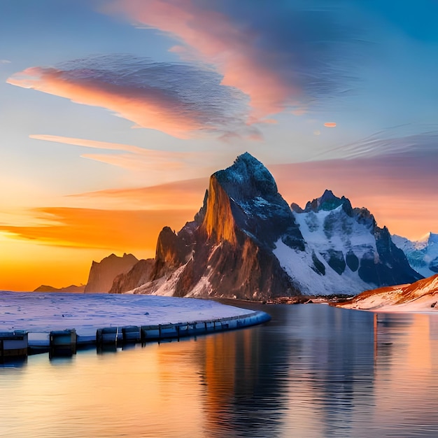 Ein Sonnenuntergang über einem verschneiten Bergsee mit einem schneebedeckten Berg im Hintergrund.