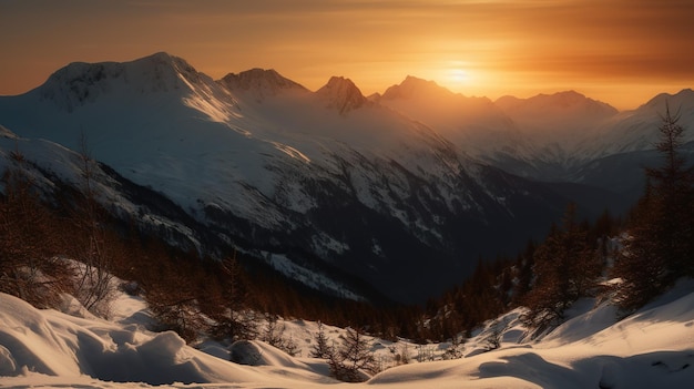 Ein Sonnenuntergang über einer verschneiten Bergkette