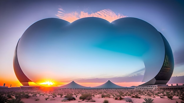 Ein Sonnenuntergang über einer Wüste mit einer großen Wolkenformation am Himmel