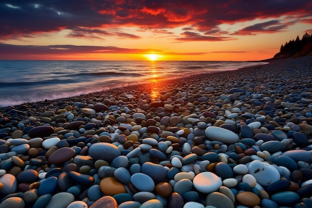 Ein Sonnenuntergangsblick auf einen Kieselstrand mit dem Ozean jenseits der generativen KI
