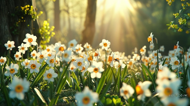 Ein sonniger Garten mit lebendigen Narzissen und fröhlichen Frühlingsblumen