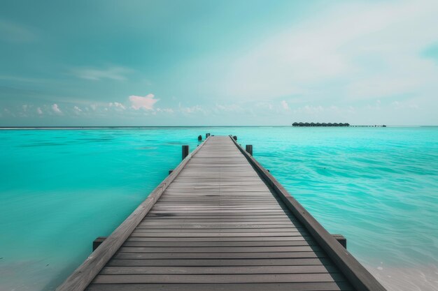 Ein sonniger Holzdock erstreckt sich über einen ruhigen, hellblauen Ozean, der perfekt für einen Sommerurlaub ist.