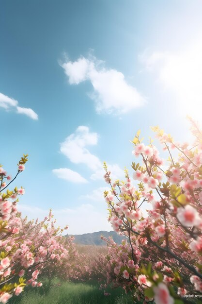 Ein sonniger Tag mit blauem Himmel und einer Blumenwiese mit einem Baum und einem Berg im Hintergrund.