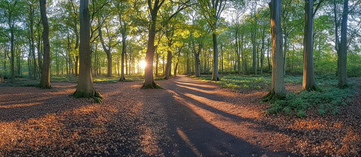 Ein sonniger Weg durch einen üppig grünen Wald mit hohen Bäumen, die bei Sonnenuntergang lange Schatten werfen