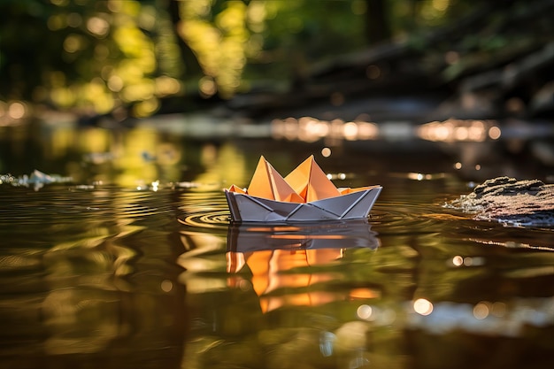 Ein sonniges Abenteuer mit einem Papierboot, das auf Flussstrahlen segelt