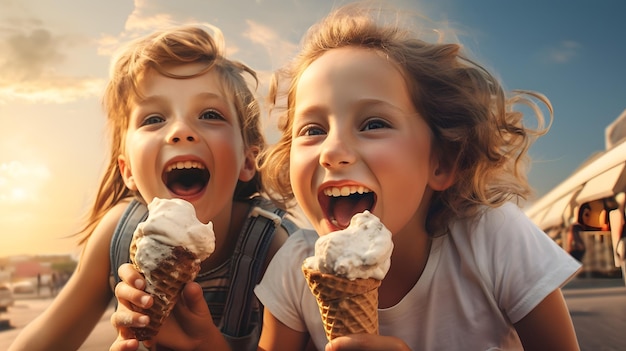 Ein sorgloser Junge und ein sorgloses Mädchen genießen an einem Sommertag Eis