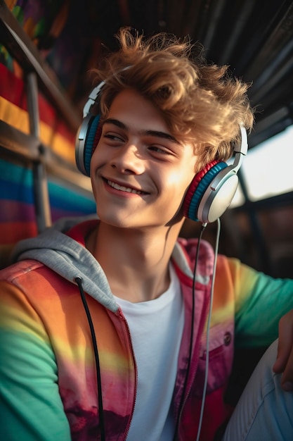 Foto ein sorgloser schwuler teenager, der es genießt, sein lieblingslied zu hören