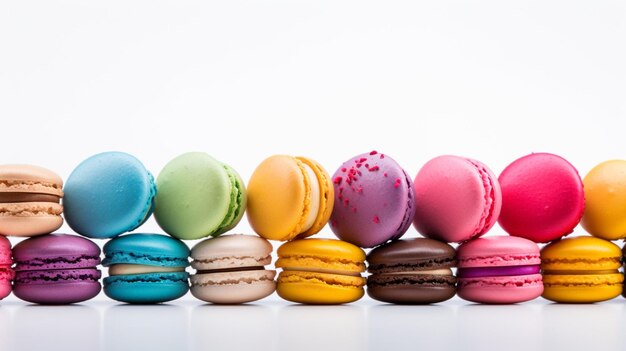 Ein Sortiment farbenfroher Macarons auf einem isolierten weißen Hintergrund