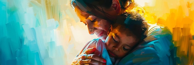 Ein Sozialarbeiter tröstet ein Kind mit beruhigenden Farben, einfühlsamem Ausdruck, Ölgemälde