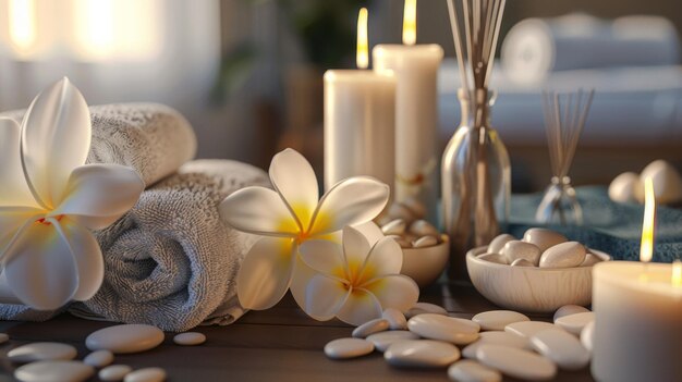 Ein Spa mit Kerzen, Blumen und Handtüchern erzeugt eine ruhige Atmosphäre