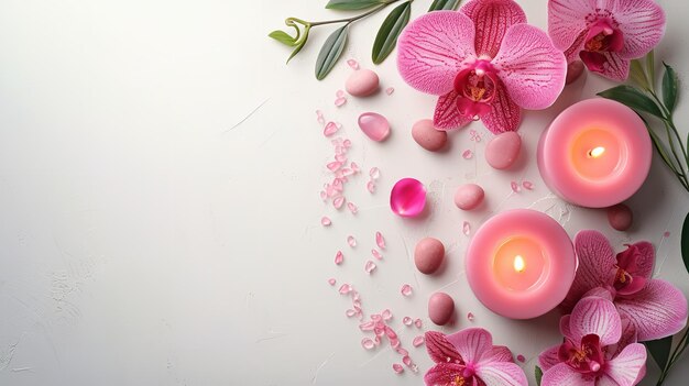 Ein Spa oder Wellnessräume wie Seesteine, Kerzen und rosa Blumen auf rosa Hintergrund Generative KI
