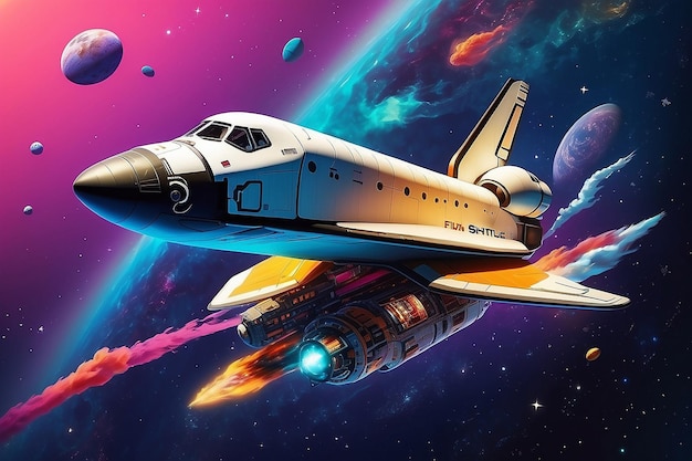 Ein Space Shuttle fliegt in einem bunten Raumschiff