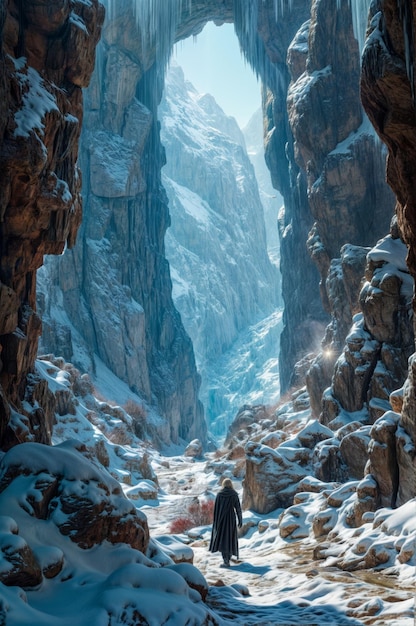 Ein Spaziergang in der schneebedeckten Höhle Winterzeit