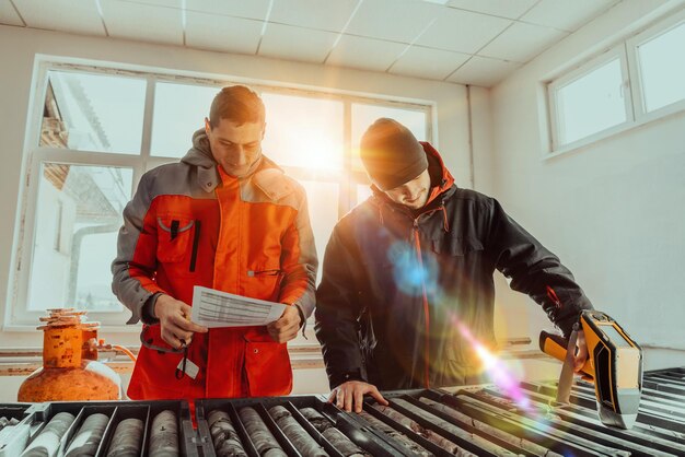 Ein spezielles Team von Geologen untersucht mit modernen Maschinen Gesteine in der Industrie. Selektiver Fokus. Hochwertiges Foto