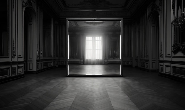 Ein Spiegel, der einen leeren Raum widerspiegelt, der den Phantom-Eindruck einer Präsenz, die sich spiegelt, rührt