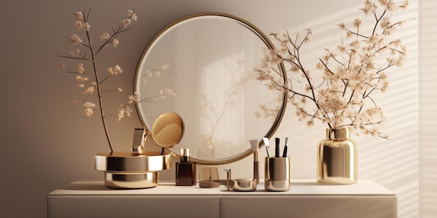 Ein Spiegel mit goldenem Rahmen und ein Spiegel mit einer Blume in der Mitte.