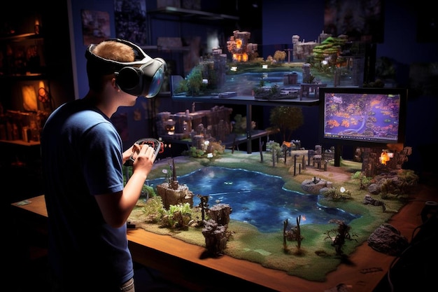 Ein Spiel der virtuellen Realität zeigt einen Mann, der ein Spiel mit einem Bildschirm spielt, auf dem es heißt Videospiel-Serie.
