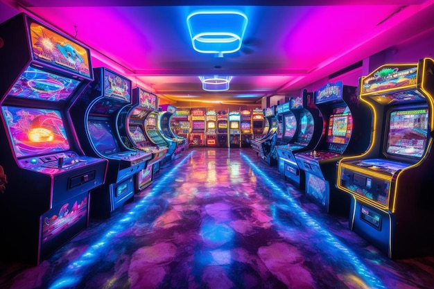 Ein Spielautomat mit Neonlichtern an der Decke