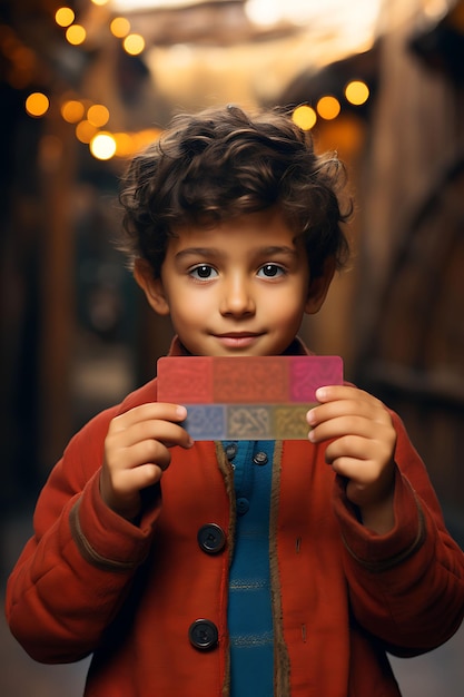 Ein spielendes mittelalterliches Kind mit einer Busin-Visitenkarte mit kreativem Fotoshooting-Design