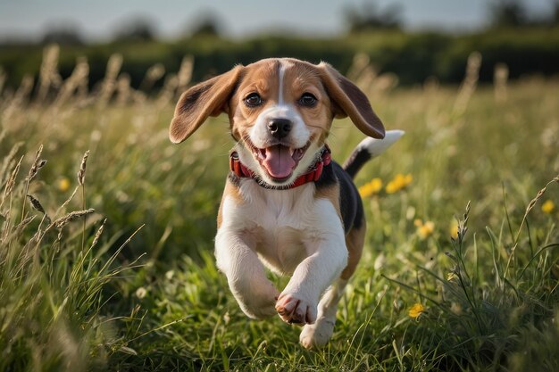 Ein spielerischer Beagle-Hündchen genießt das Spielen im Freien