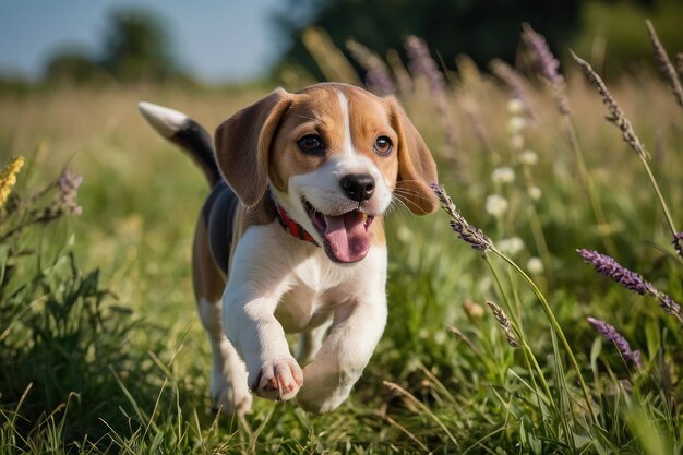 Ein spielerischer Beagle-Hündchen genießt das Spielen im Freien