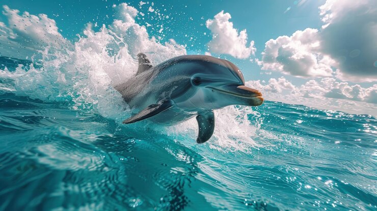 Foto ein spielerischer delfin spritzt spielerisch im klaren blauen wasser einer exotischen lagune.