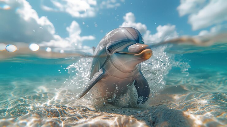 Foto ein spielerischer delfin spritzt spielerisch im klaren blauen wasser einer exotischen lagune.