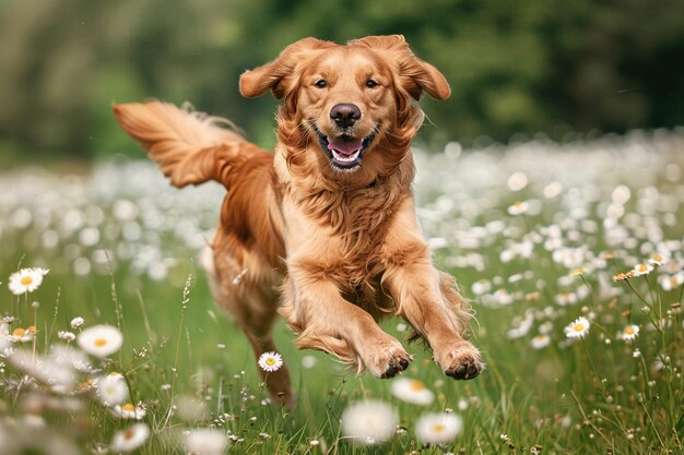 Ein spielerischer Golden Retriever läuft mit Freude auf einer sonnigen Wiese voller weißer Blumen