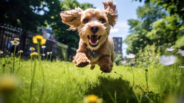 Ein spielerischer Hund jagt einen Schwanz in einem lebendigen Stadtpark an einem sonnigen Sommernachmittag