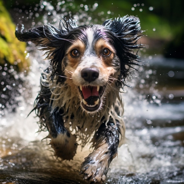 Ein spielerischer Hund spritzt in einem Bach