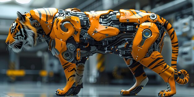 ein Spielzeug-Roboter-Tiger auf dem Hintergrund der Bokeh-Industrie