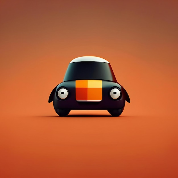 ein Spielzeugauto mit quadratischer Vorderseite und orangefarbenem Quadrat auf der Vorderseite.