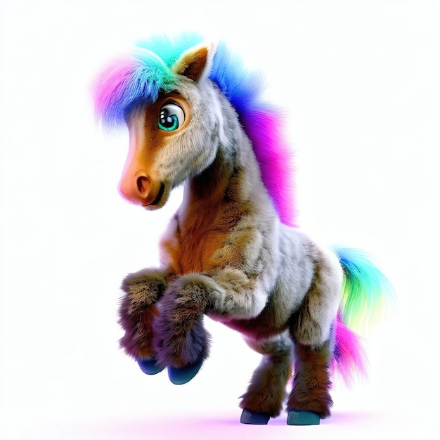 Ein Spielzeugpferd mit einer Regenbogenmähne und dem Wort Pony darauf