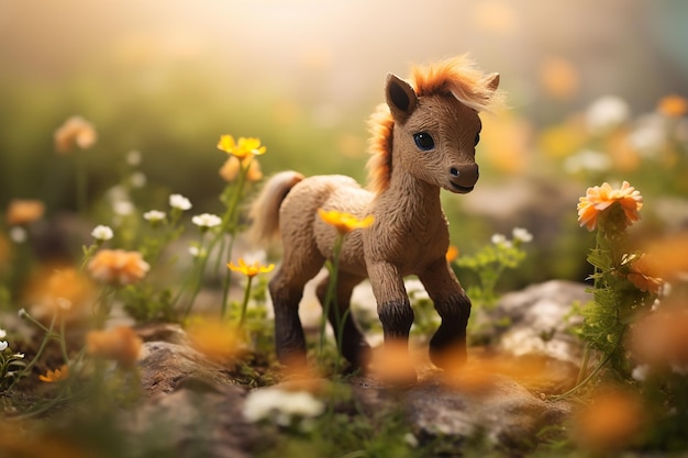 ein Spielzeugpferd steht in einem Blumenfeld