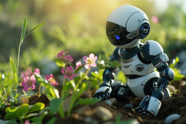 Foto ein spielzeugroboter mit bunten metallischen merkmalen sitzt umgeben von lebendigen blumen auf einem sonnigen feld ein robotergärtner pflanzt im frühling blumen