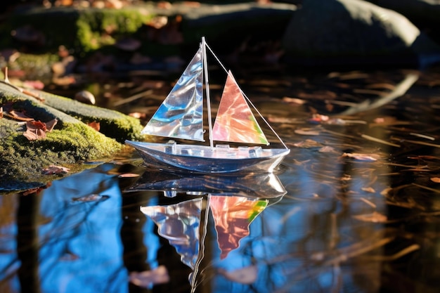 Ein Spielzeugsegelboot schwimmt in einem schimmernden Teich