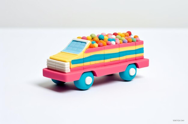 Ein Spielzeugtransporter mit bunten Bonbons oben drauf.