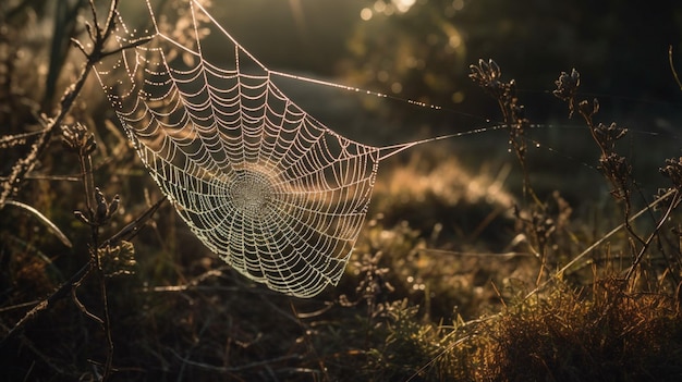 Ein Spinnennetz ist mit Tau bedeckt und hat einen goldenen Glanz.