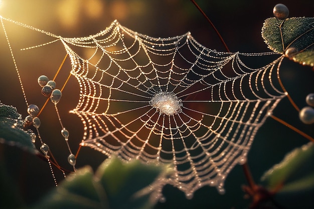 Ein Spinnennetz mit Tautropfen darauf