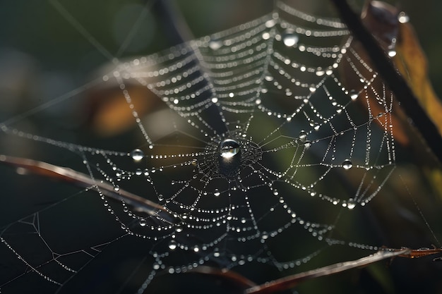 Ein Spinnennetz mit Wassertropfen darauf