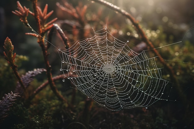 Ein Spinnennetz mit Wassertropfen darauf