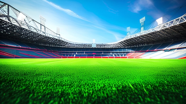 Ein Sportstadion mit grüner Wiese und blauem Himmel