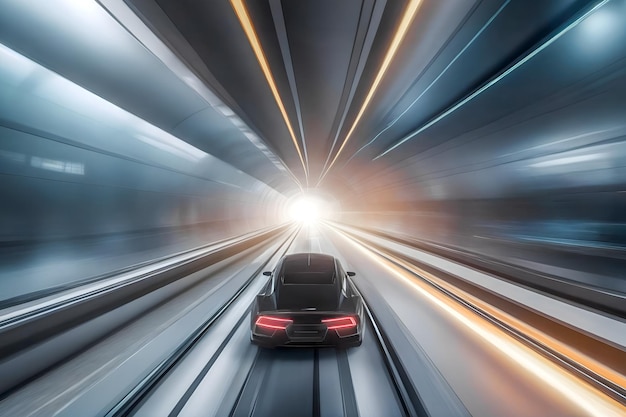 Foto ein sportwagen fährt mit hoher geschwindigkeit in einem unterirdischen tunnel