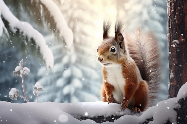 Ein sprechendes Eichhörnchen in einem Winterwald