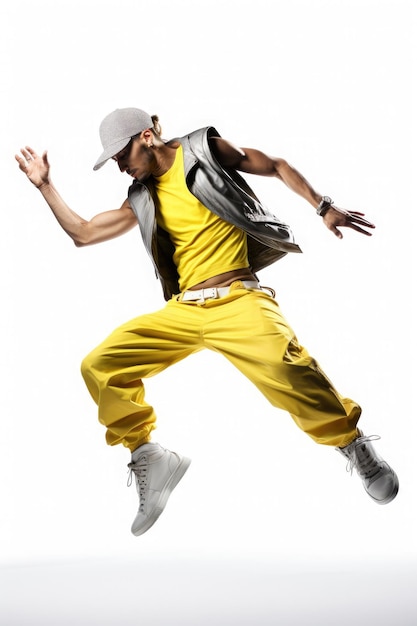 Ein springender Hip-Hop-Tänzer mit gelber Weste auf reinweißem Hintergrund