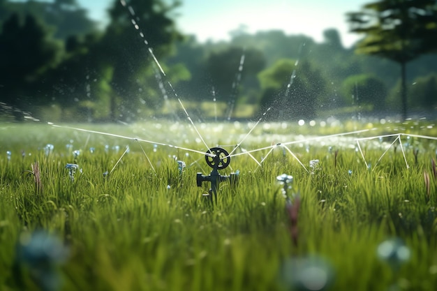 Ein Sprinkler wird auf einer grünen Wiese mit Wasser besprüht.