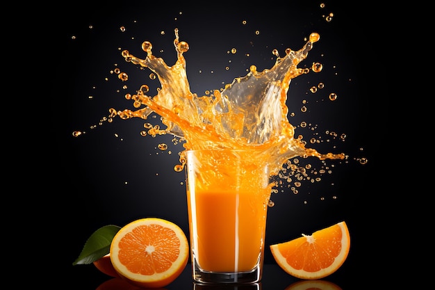 Ein Spritzer Orangensaft mit gelbem Hintergrund und ein Bild eines Spritzes